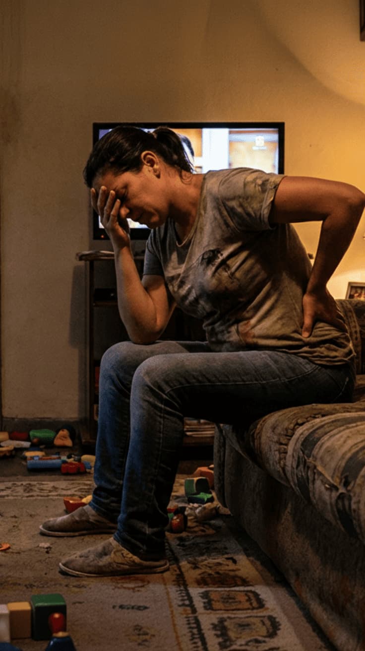 Mulher exausta no sofá, em um ambiente bagunçado, sentindo o peso do dia