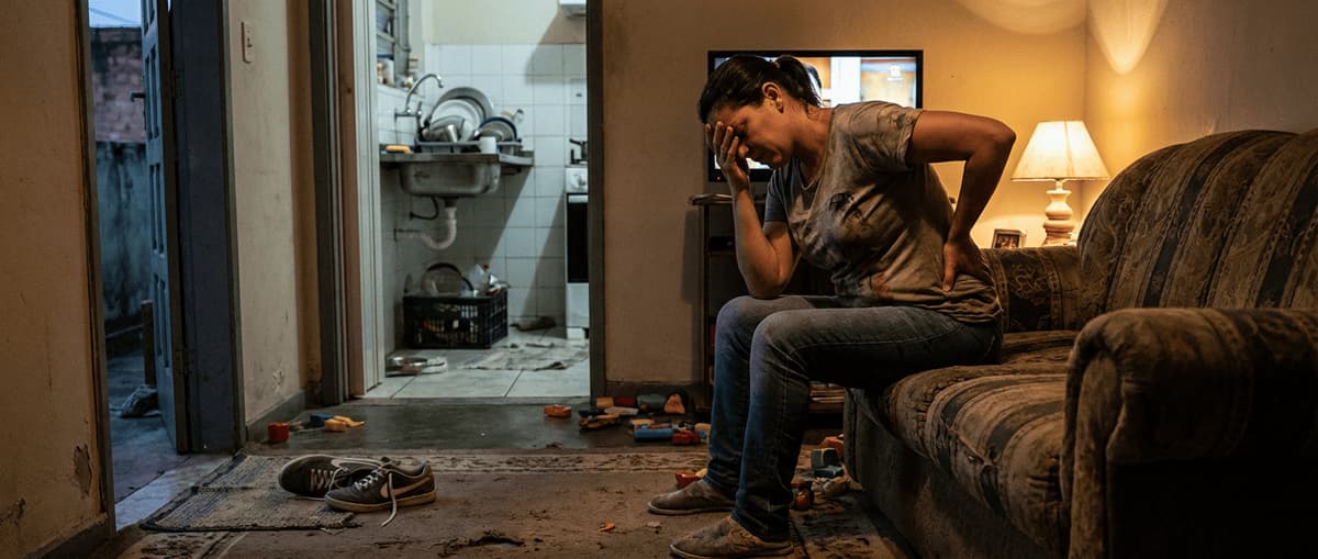 Mulher exausta no sofá, em um ambiente bagunçado, sentindo o peso do dia